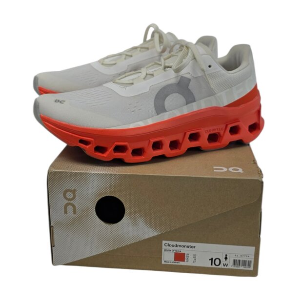 ON Cloudmonster Sneakers, White/Flame, Lifestyle, Athletic, Women's Size 10 - Picture 3 of 13
